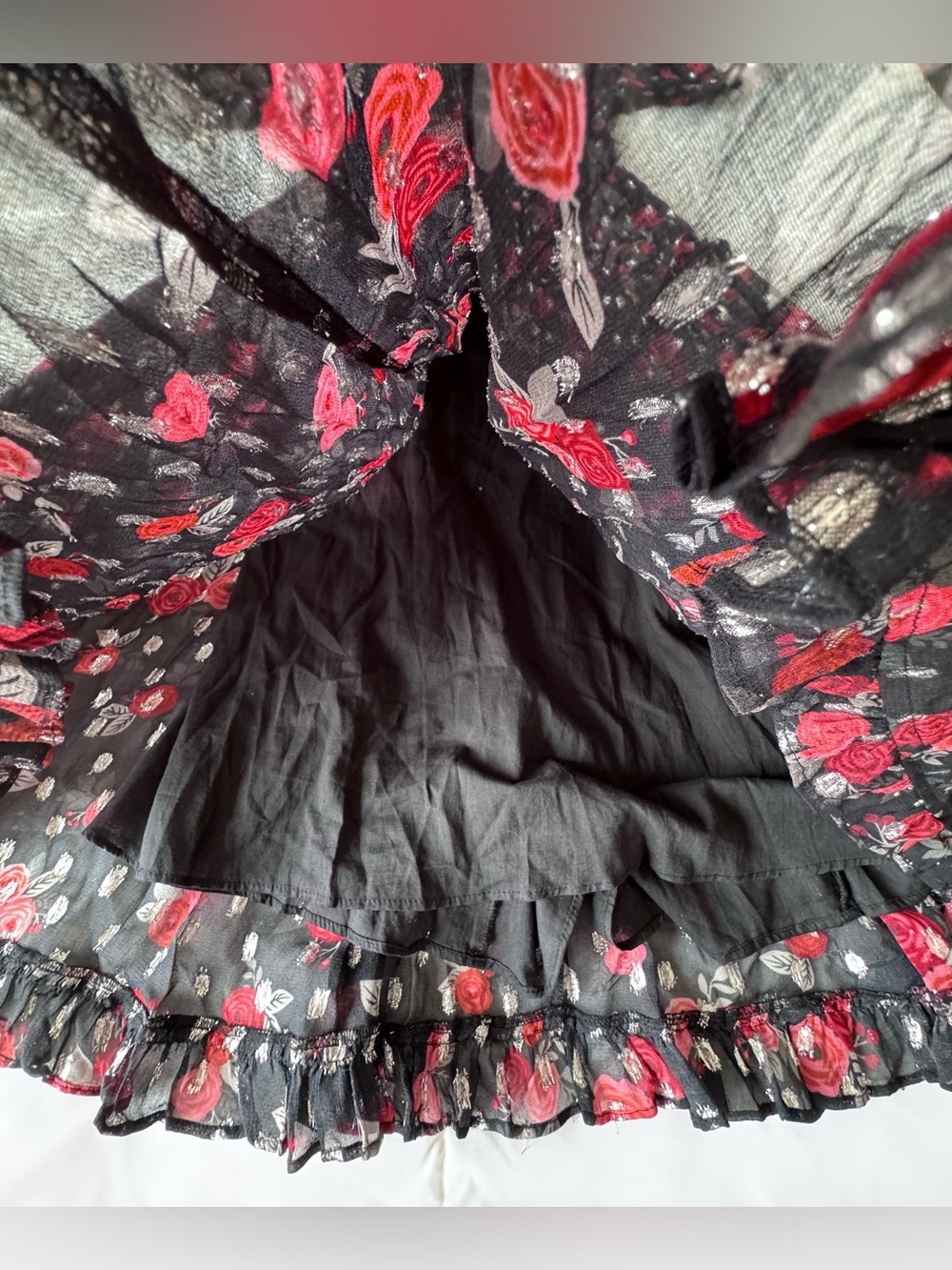 Ivy City Co Black Maxi Dress with Red Floral Print and silver polka dots. - Picture 10 of 10